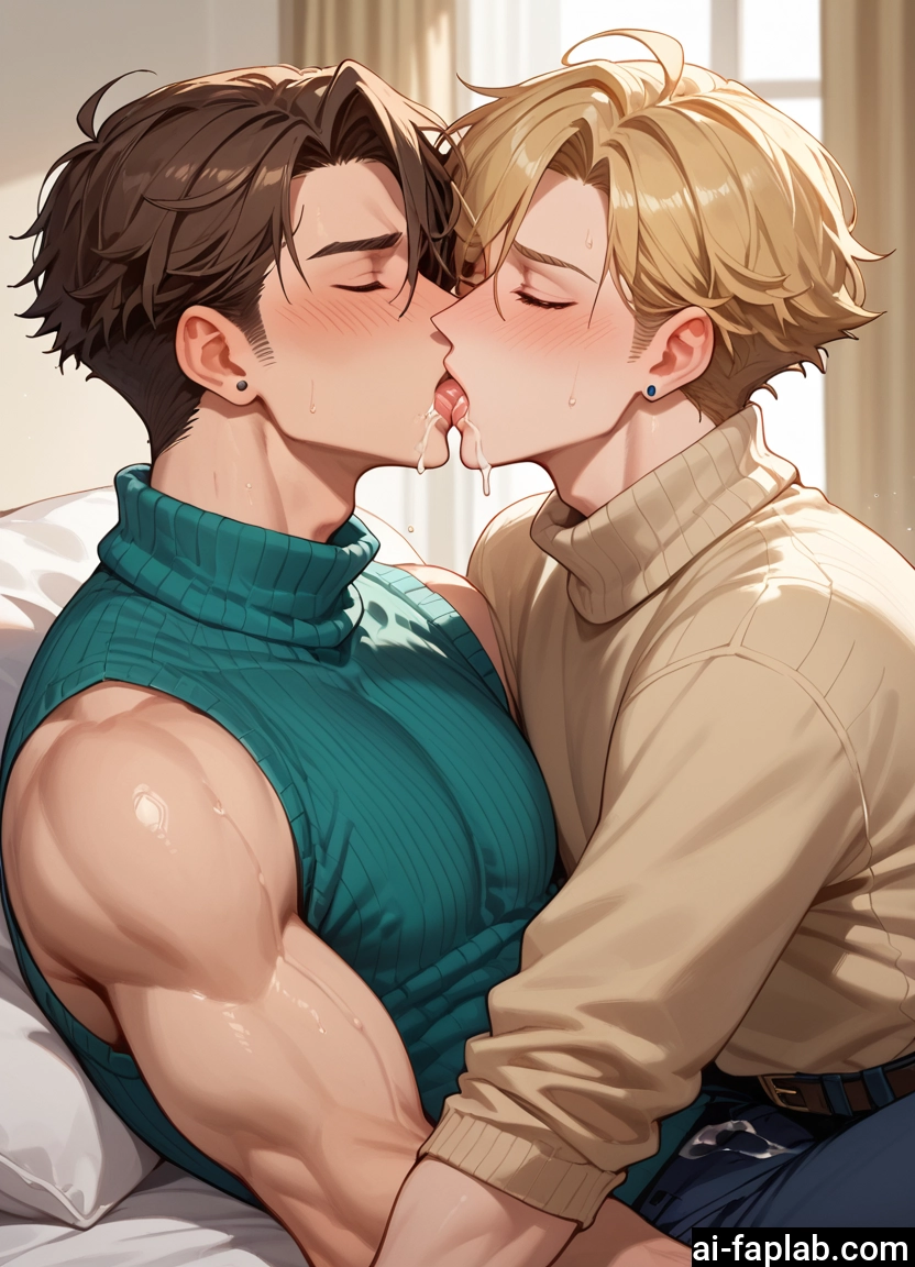 yaoi, bara, multiple boys, 2boys, male focus, kiss