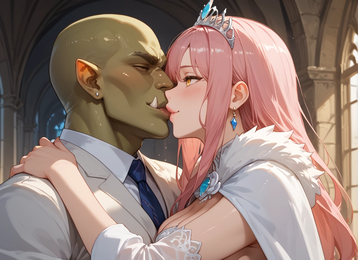 1girl, 1boy, breasts, pink hair, jewelry, orc · Yamete.gg