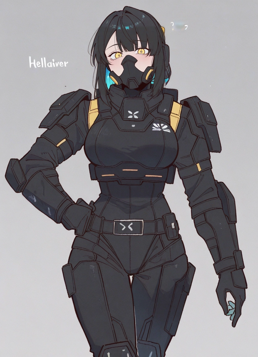 1girl, solo, yellow eyes, mask, black hair, breasts · Yamete.gg