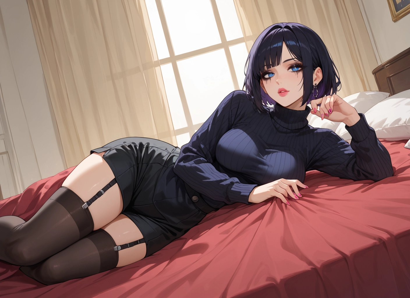 1girl, thighhighs, blue eyes, breasts, solo, lying · Yamete.gg