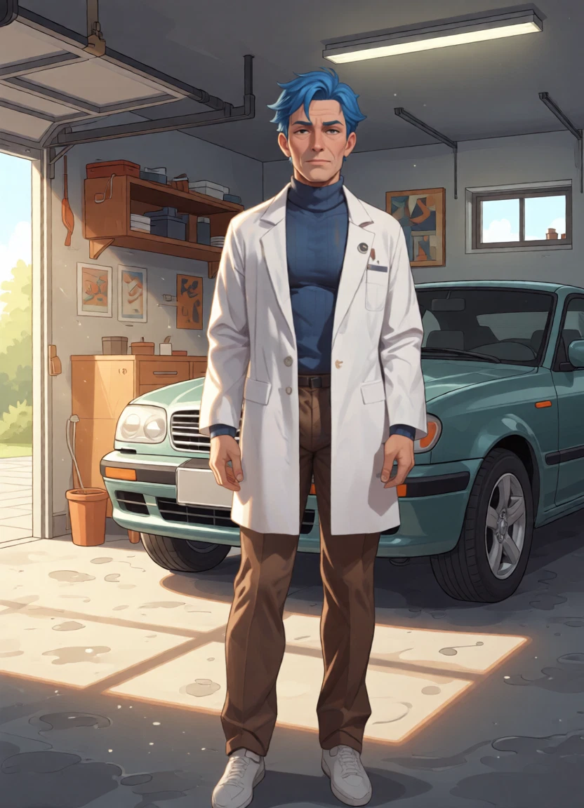 1boy, male focus, brown pants, solo, blue hair, car · Yamete.gg