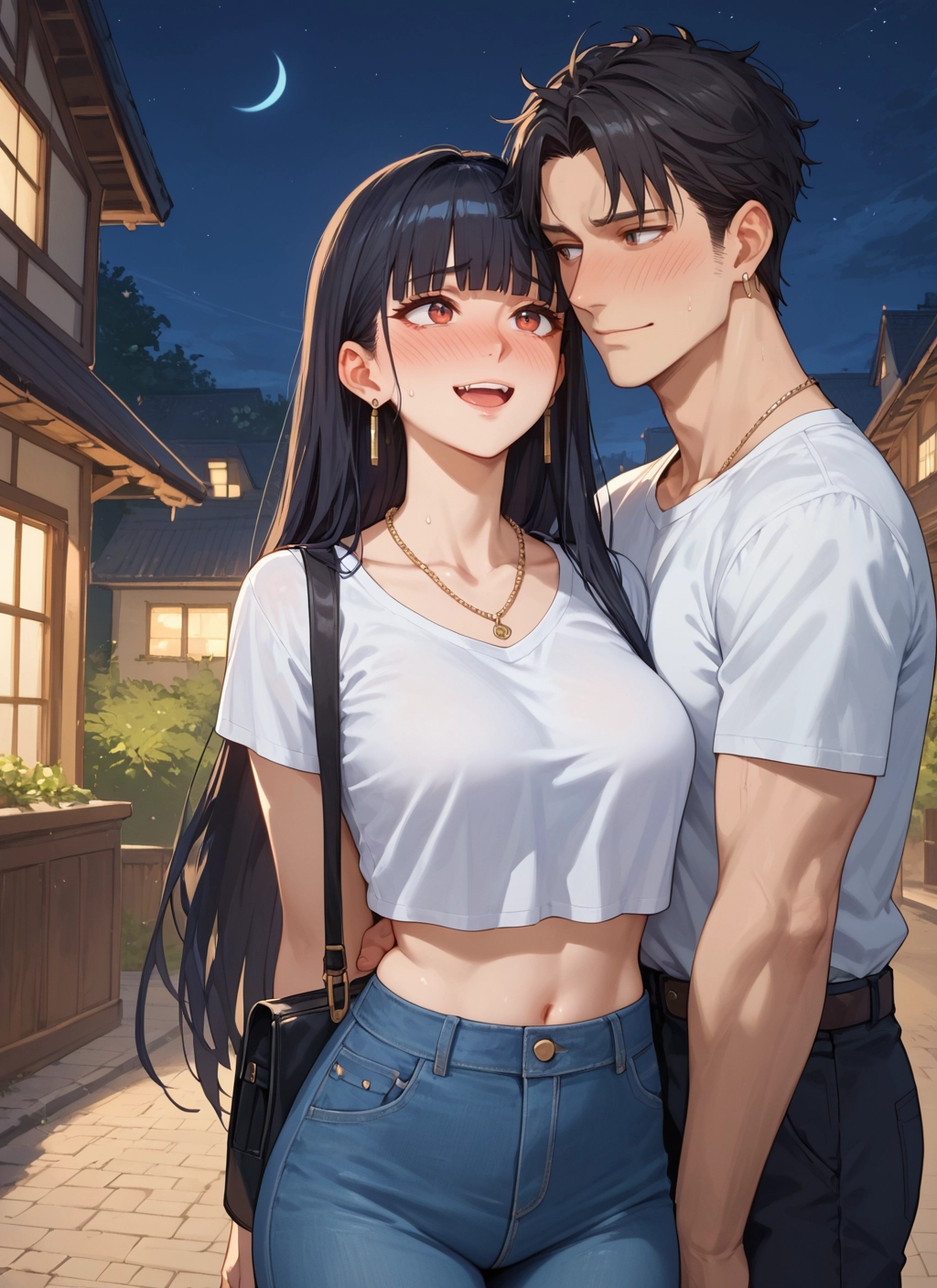 1girl, 1boy, black hair, blush, jewelry, navel · Yamete.gg