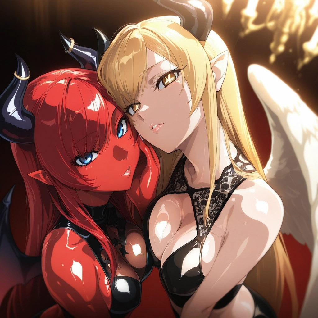 breasts, multiple girls, 2girls, horns, blonde hair, wings · Yamete.gg