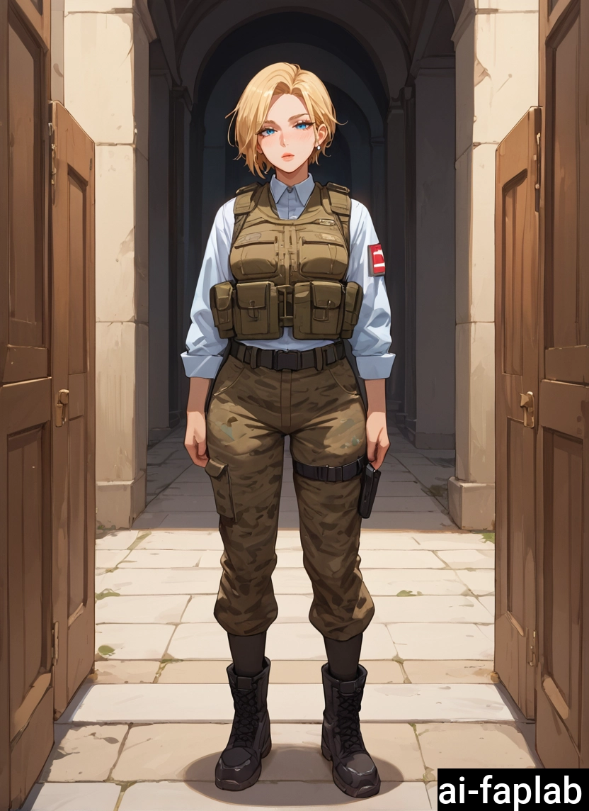 1girl, solo, blonde hair, blue eyes, boots, shirt