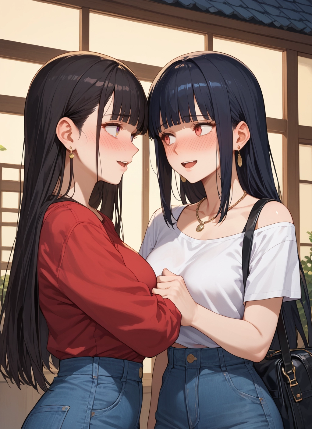 multiple girls, 2girls, long hair, jewelry, black hair, earrings · Yamete.gg