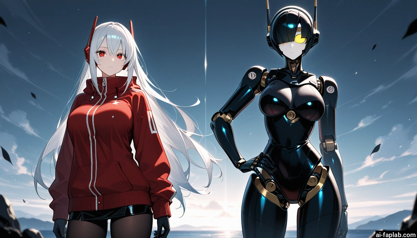 red eyes, long hair, breasts, jacket, 2girls, skirt · Yamete.gg