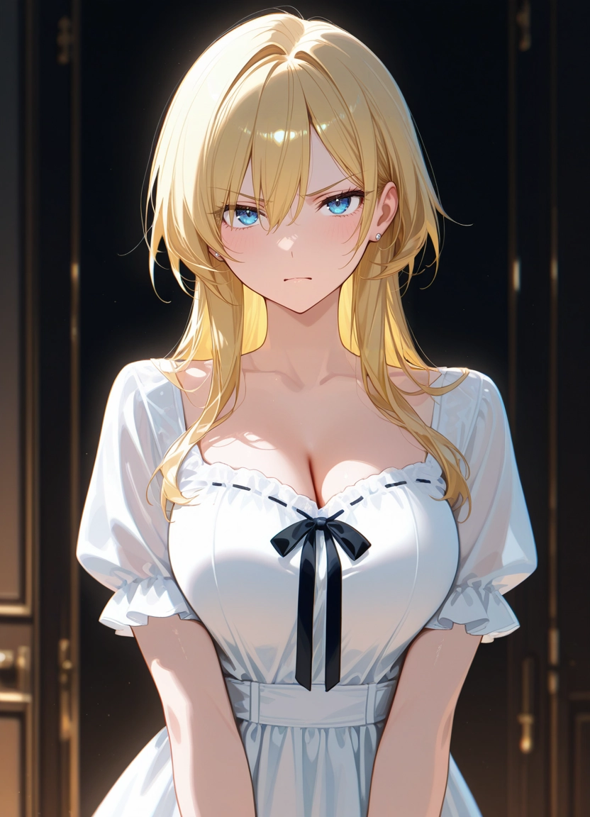 1girl, breasts, solo, blue eyes, cleavage, blonde hair · Yamete.gg