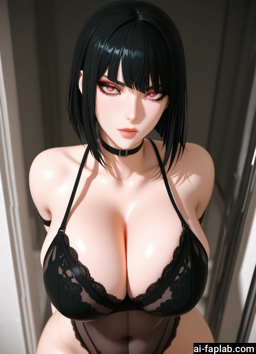 breasts, 1girl, black hair, underwear, cleavage, solo