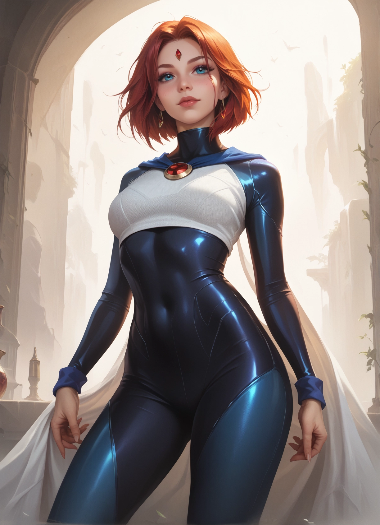 1girl, blue eyes, jewelry, earrings, bodysuit, solo · Yamete.gg