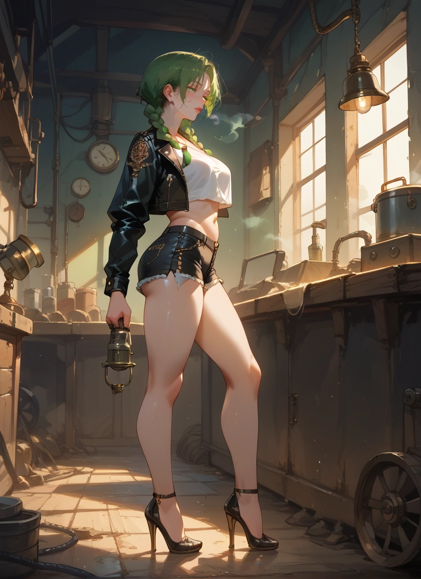 1girl, shorts, green hair, high heels, jacket, solo · Yamete.gg
