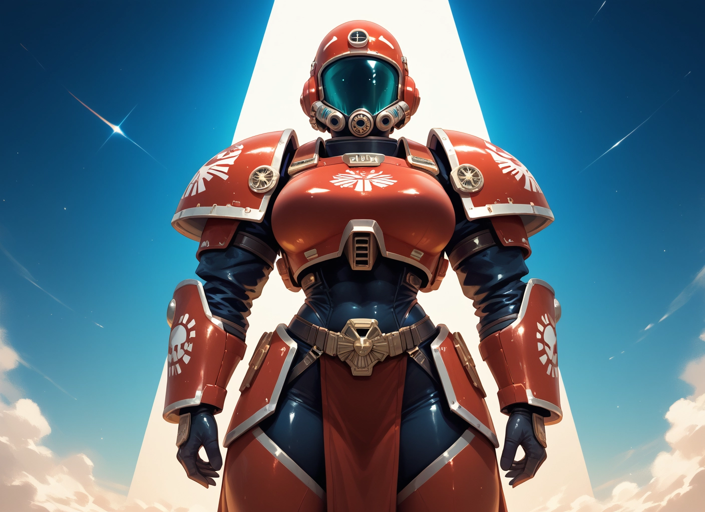 1girl, solo, armor, helmet, breasts, sky · Yamete.gg
