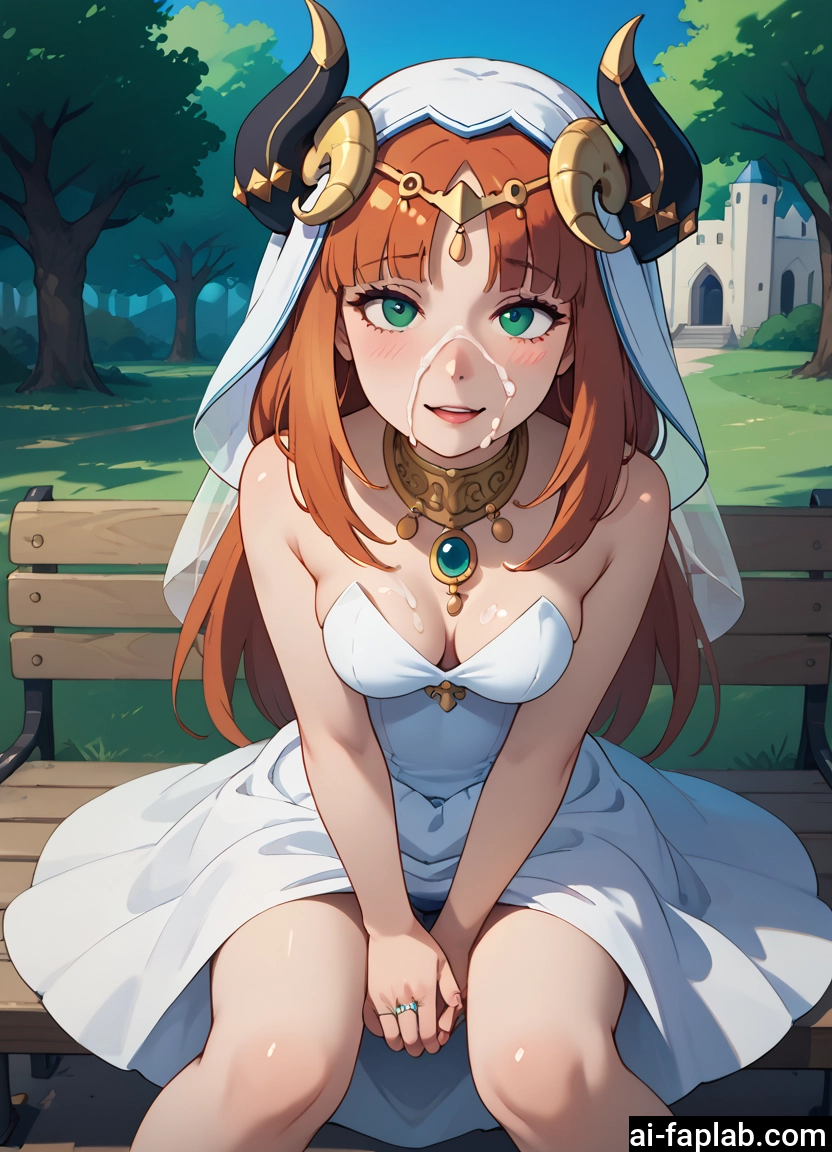 1girl, breasts, dress, horns, cum, solo