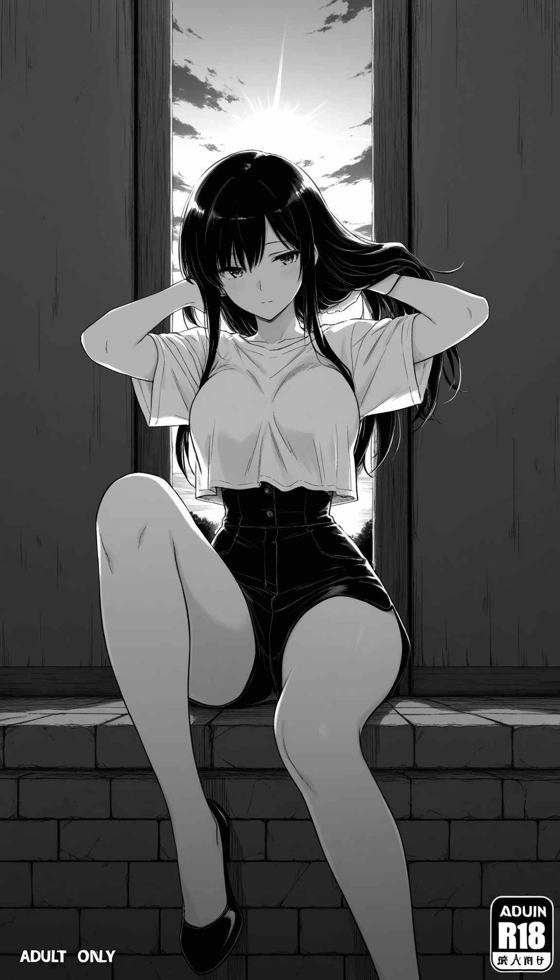 1girl, solo, monochrome, greyscale, long hair, breasts · Yamete.gg