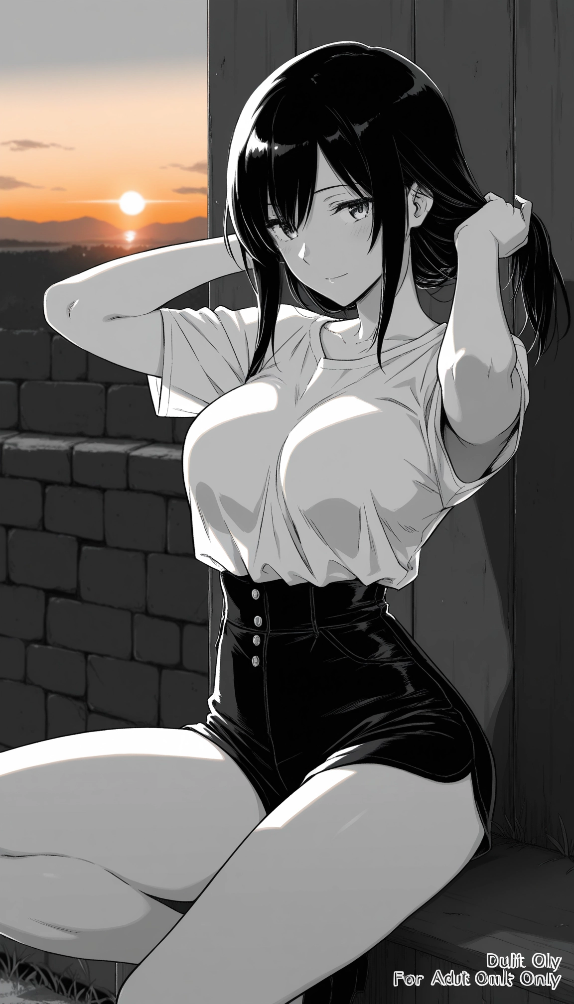 1girl, solo, shorts, monochrome, breasts, sunset · Yamete.gg