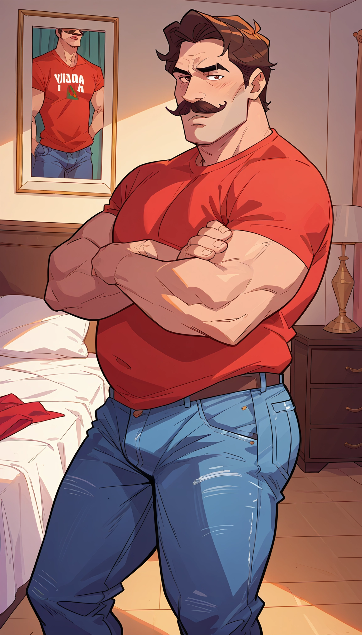 bara, 1boy, male focus, pants, muscular, facial hair