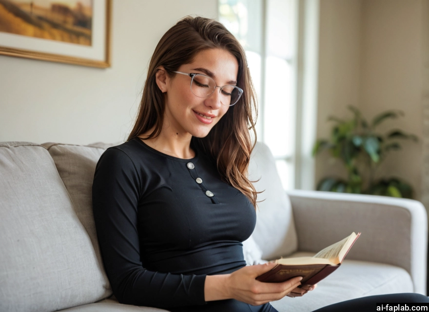 1girl, book, solo, glasses, closed eyes, couch · Yamete.gg