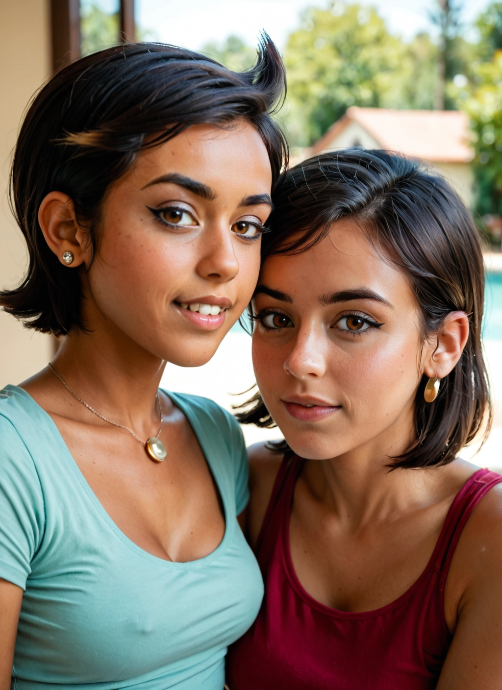 multiple girls, 2girls, jewelry, breasts, earrings, brown eyes · Yamete.gg