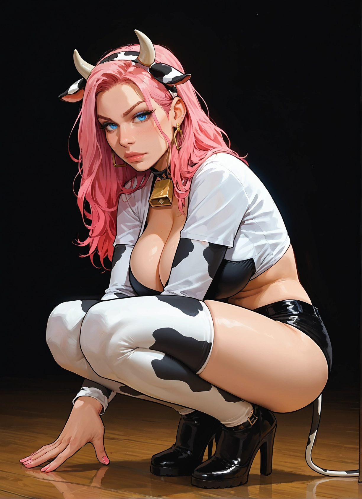 1girl, breasts, pink hair, animal print, animal ears, cow print · Yamete.gg