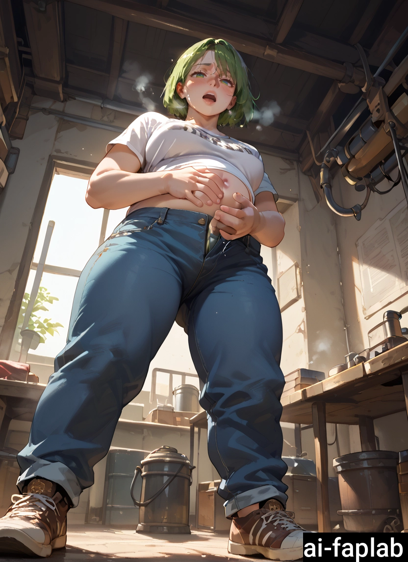 1girl, green hair, solo, from below, shirt, open mouth · Yamete.gg