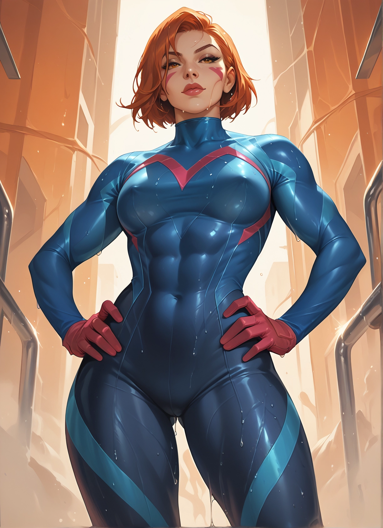 1girl, bodysuit, breasts, solo, wet, hands on hips · Yamete.gg