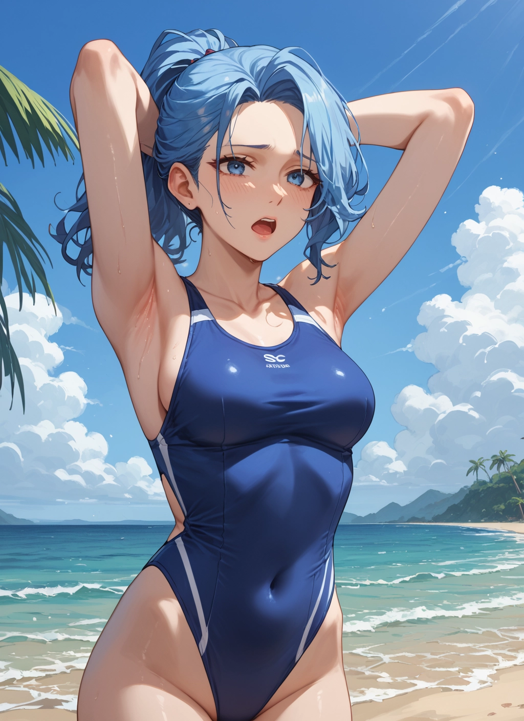 1girl, swimsuit, one-piece swimsuit, breasts, blue eyes, solo · Yamete.gg