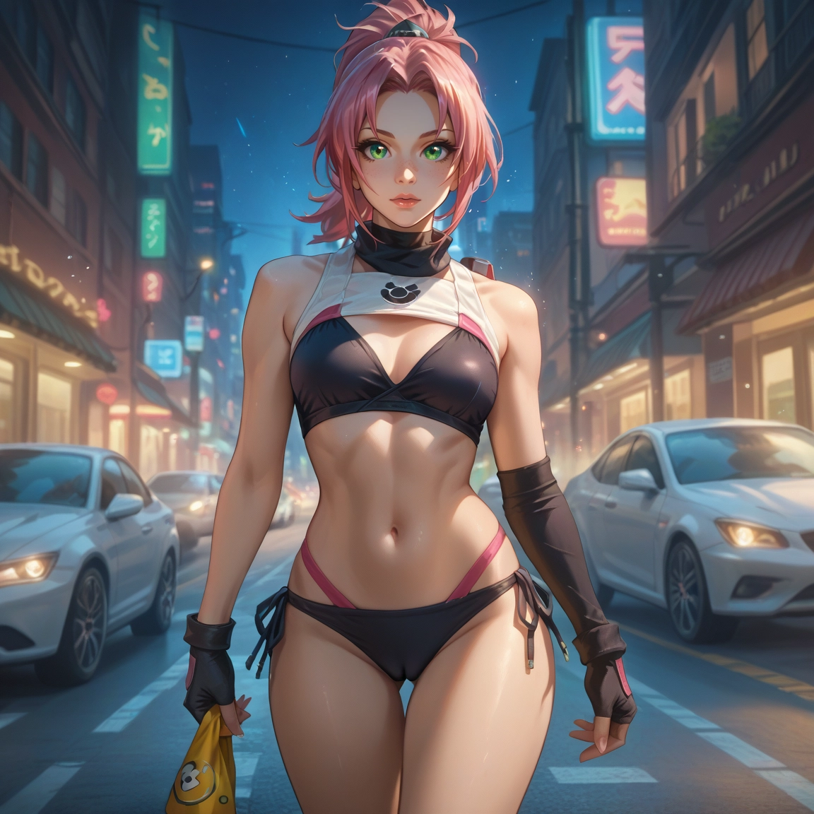 1girl, pink hair, green eyes, gloves, motor vehicle, ground vehicle · Yamete.gg