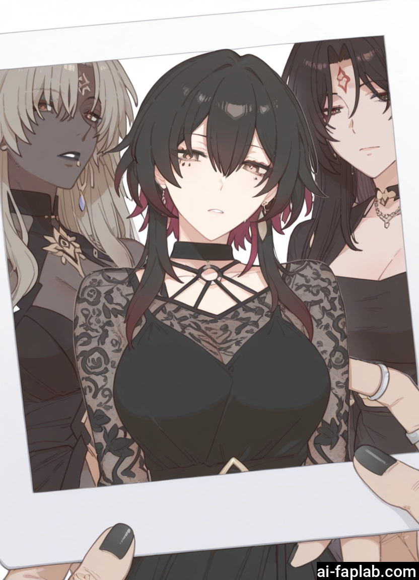 multiple girls, dress, jewelry, black hair, breasts, multicolored hair