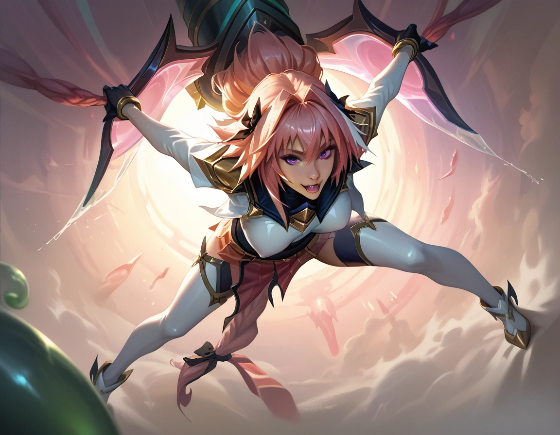 purple eyes, pink hair, male focus, 1boy, weapon, long hair · Yamete.gg