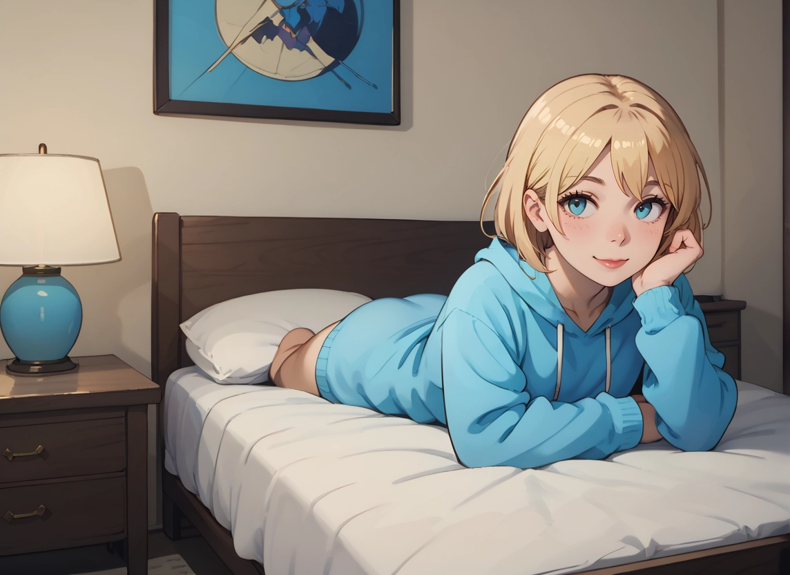 1girl, solo, blue eyes, hood, blonde hair, hoodie · Yamete.gg