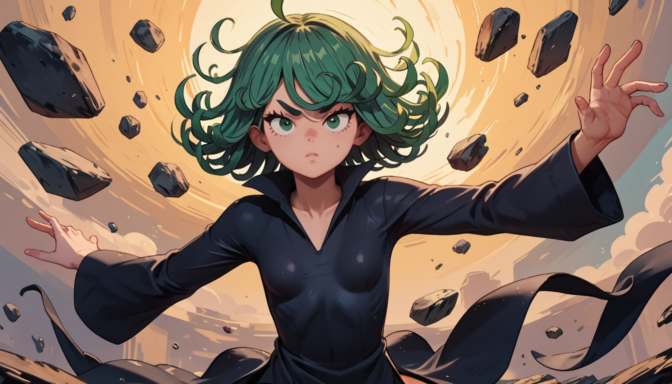 1girl, solo, green eyes, dress, green hair, black dress · Yamete.gg
