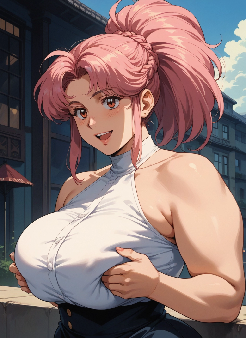 1girl, breasts, solo, shirt, pink hair, sleeveless · Yamete.gg