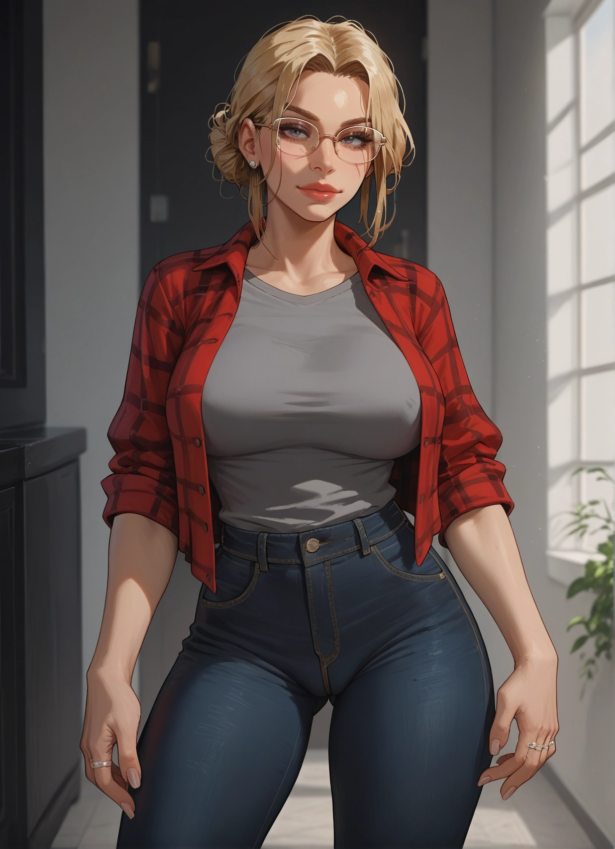 1girl, breasts, jewelry, blonde hair, pants, glasses · Yamete.gg