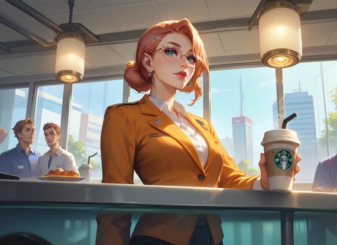 cup, 1girl, green eyes, glasses, earrings, shirt · Yamete.gg
