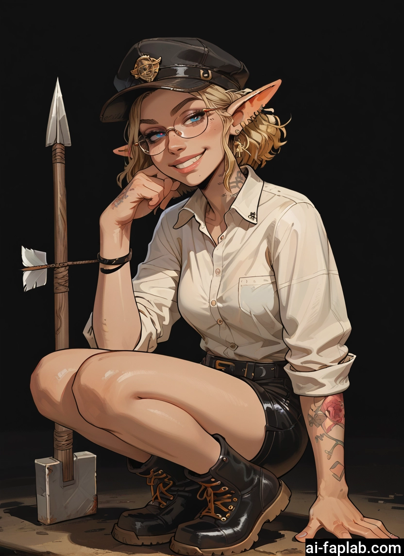 1girl, pointy ears, solo, blonde hair, glasses, squatting · Yamete.gg