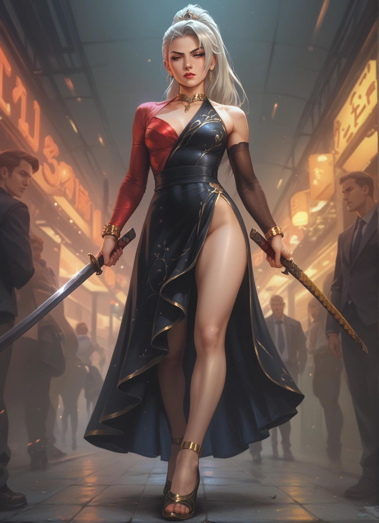 weapon, sword, 1girl, jewelry, dress, earrings · Yamete.gg