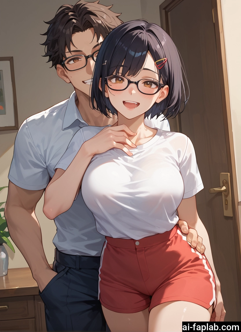 1girl, 1boy, glasses, breasts, shorts, hair ornament