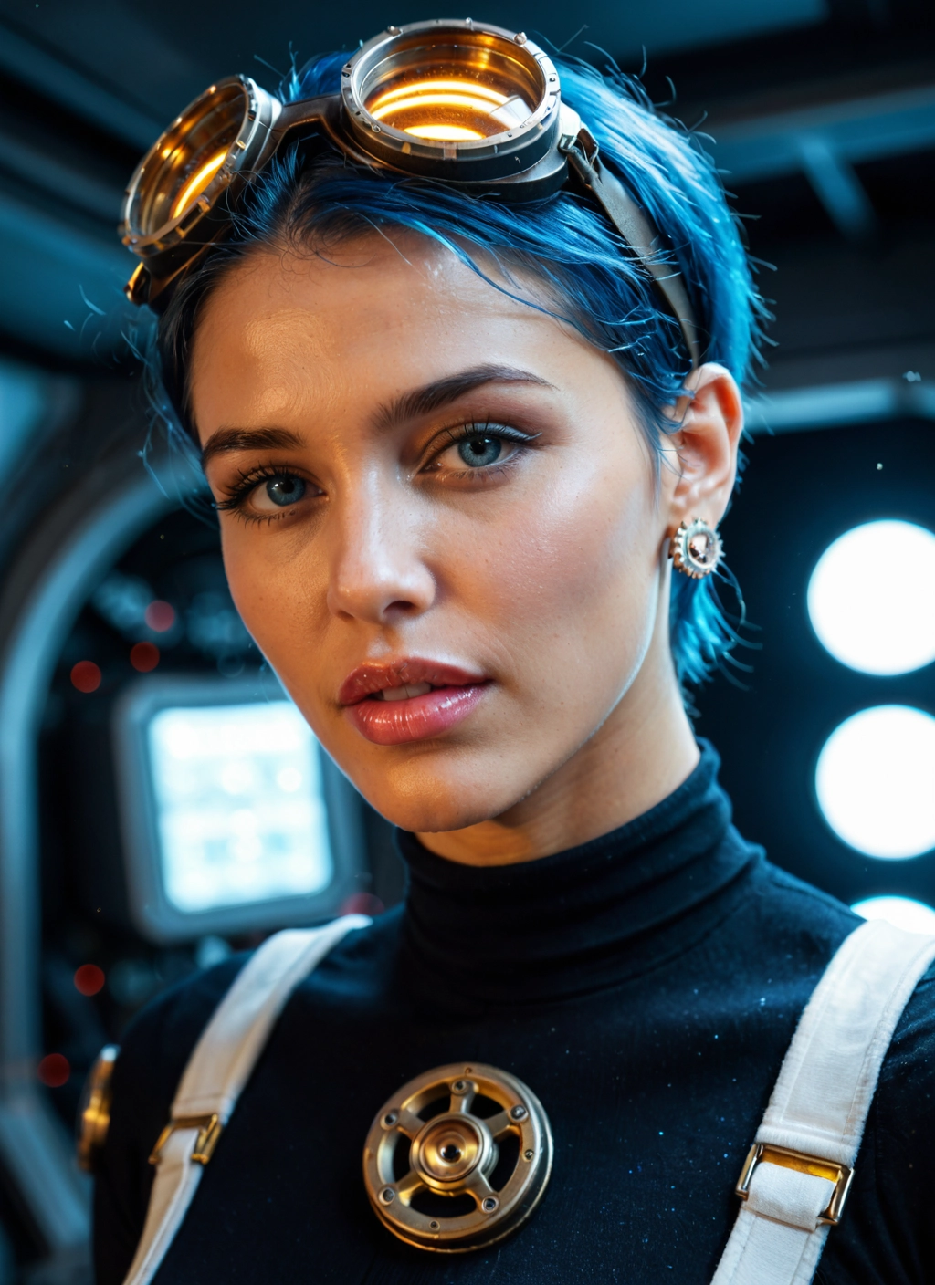 1girl, solo, goggles, jewelry, earrings, blue hair · Yamete.gg