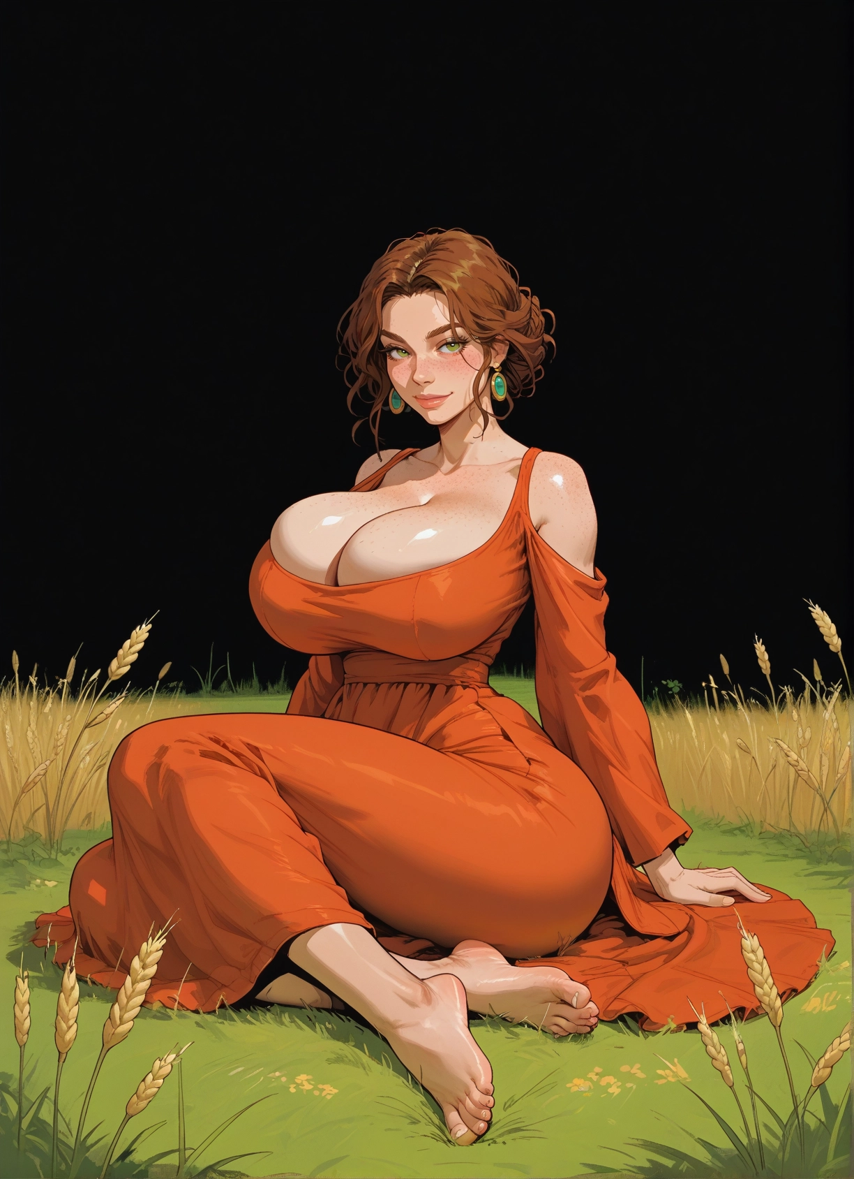 1girl, breasts, dress, brown hair, barefoot, solo · Yamete.gg