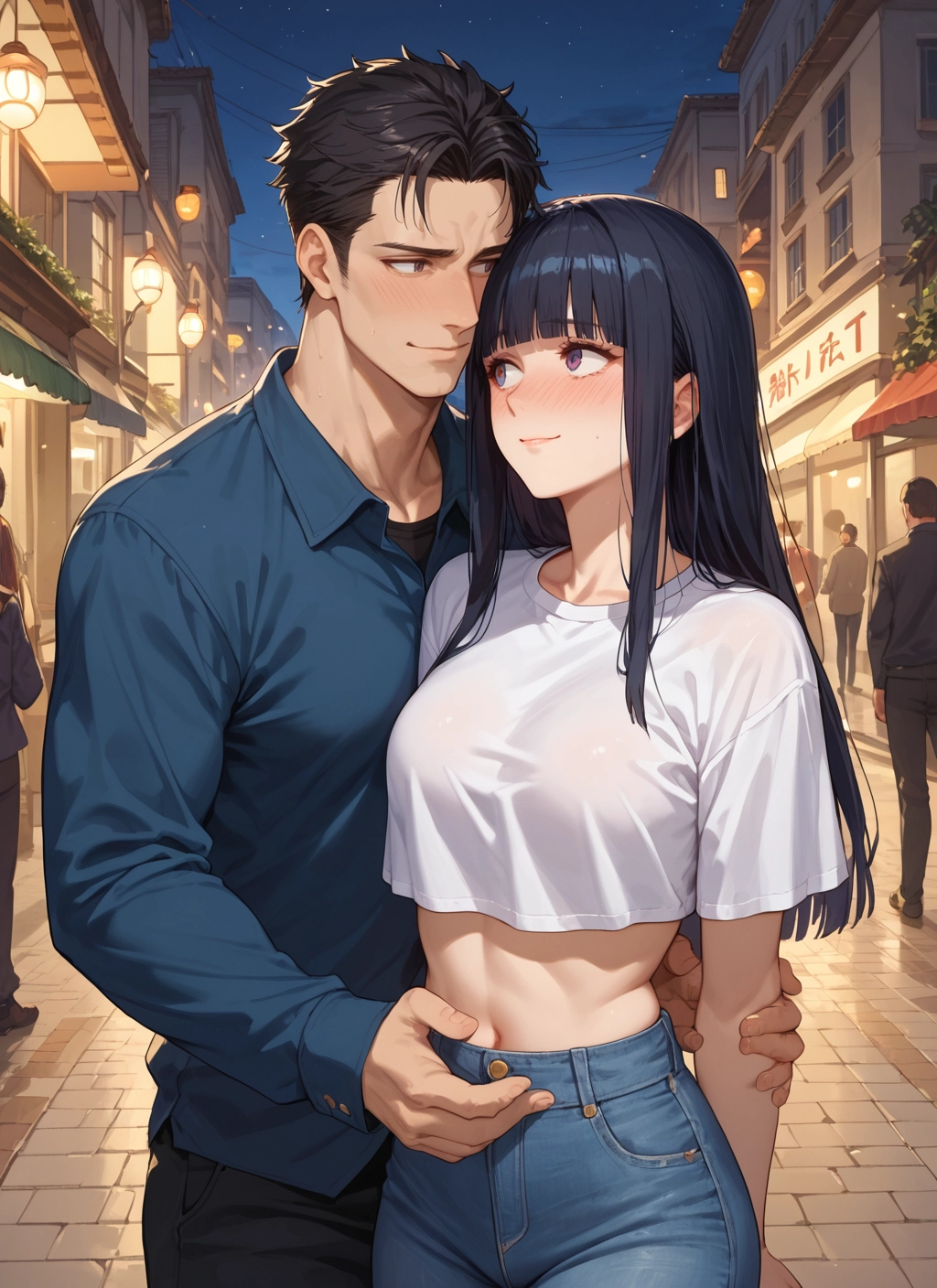 black hair, blush, pants, long hair, navel, shirt · Yamete.gg