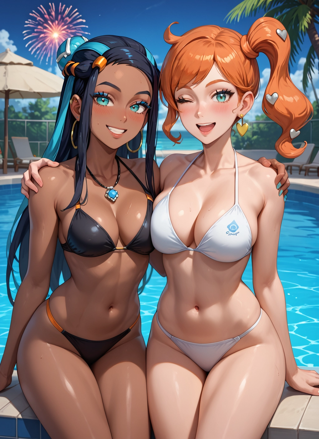 swimsuit, multiple girls, breasts, 2girls, bikini, dark-skinned female · Yamete.gg