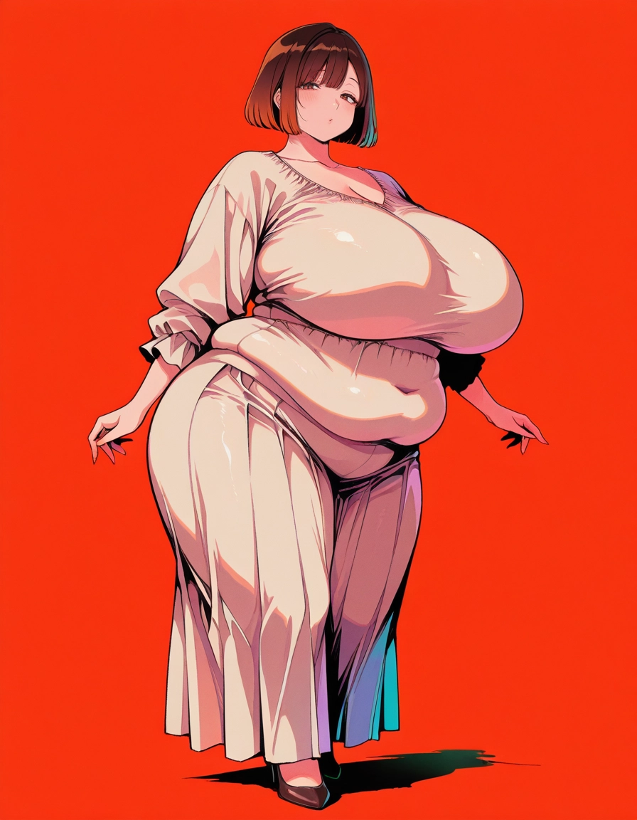 1girl, breasts, solo, brown hair, dress, red background · Yamete.gg