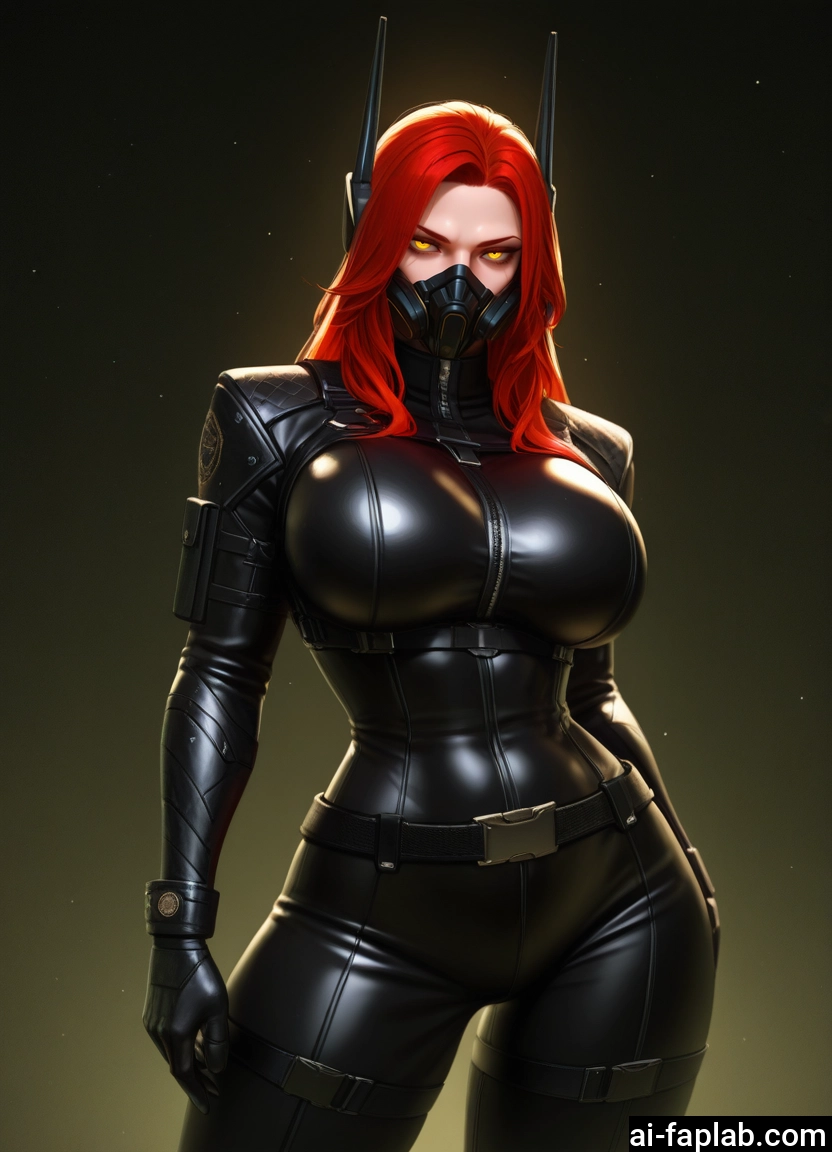 1girl, breasts, bodysuit, mask, red hair, solo