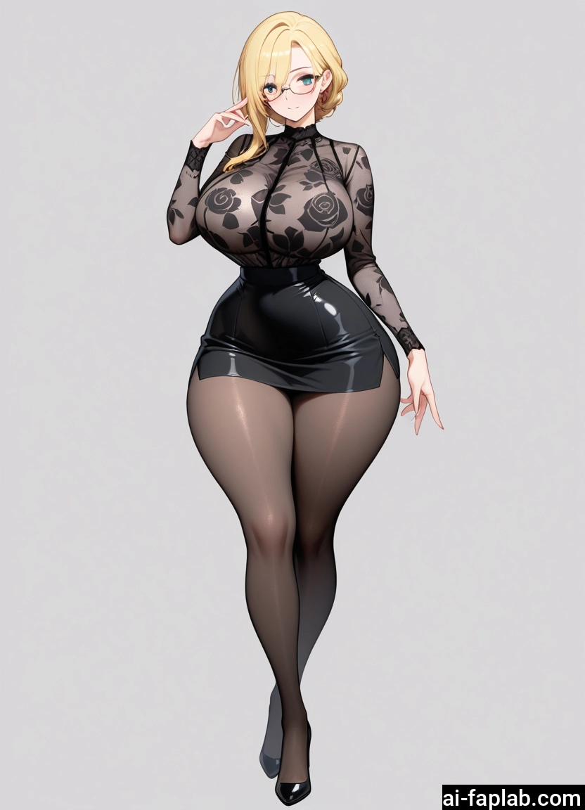 1girl, breasts, pantyhose, blonde hair, glasses, skirt