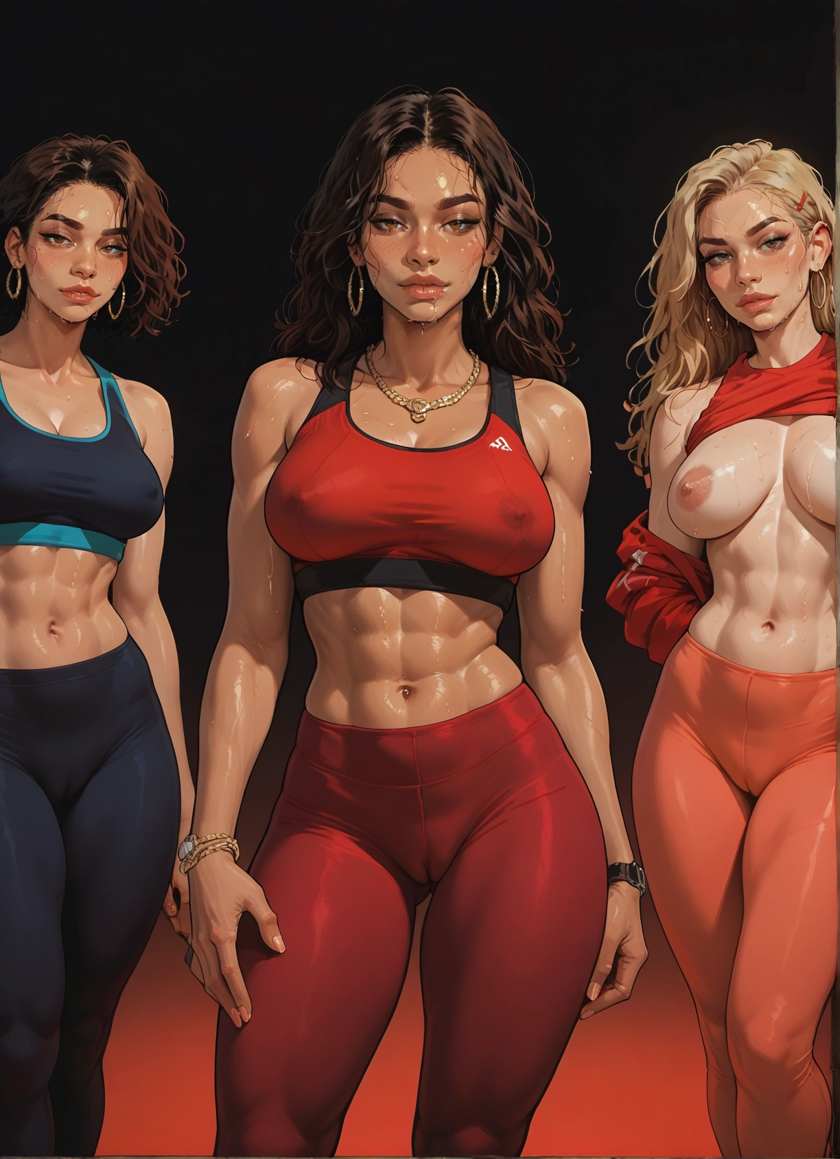 breasts, jewelry, nipples, multiple girls, earrings, sweat · Yamete.gg