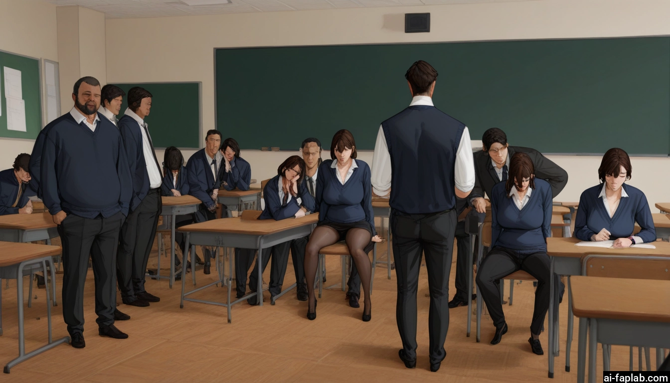 multiple boys, pantyhose, multiple girls, classroom, desk, skirt · Yamete.gg