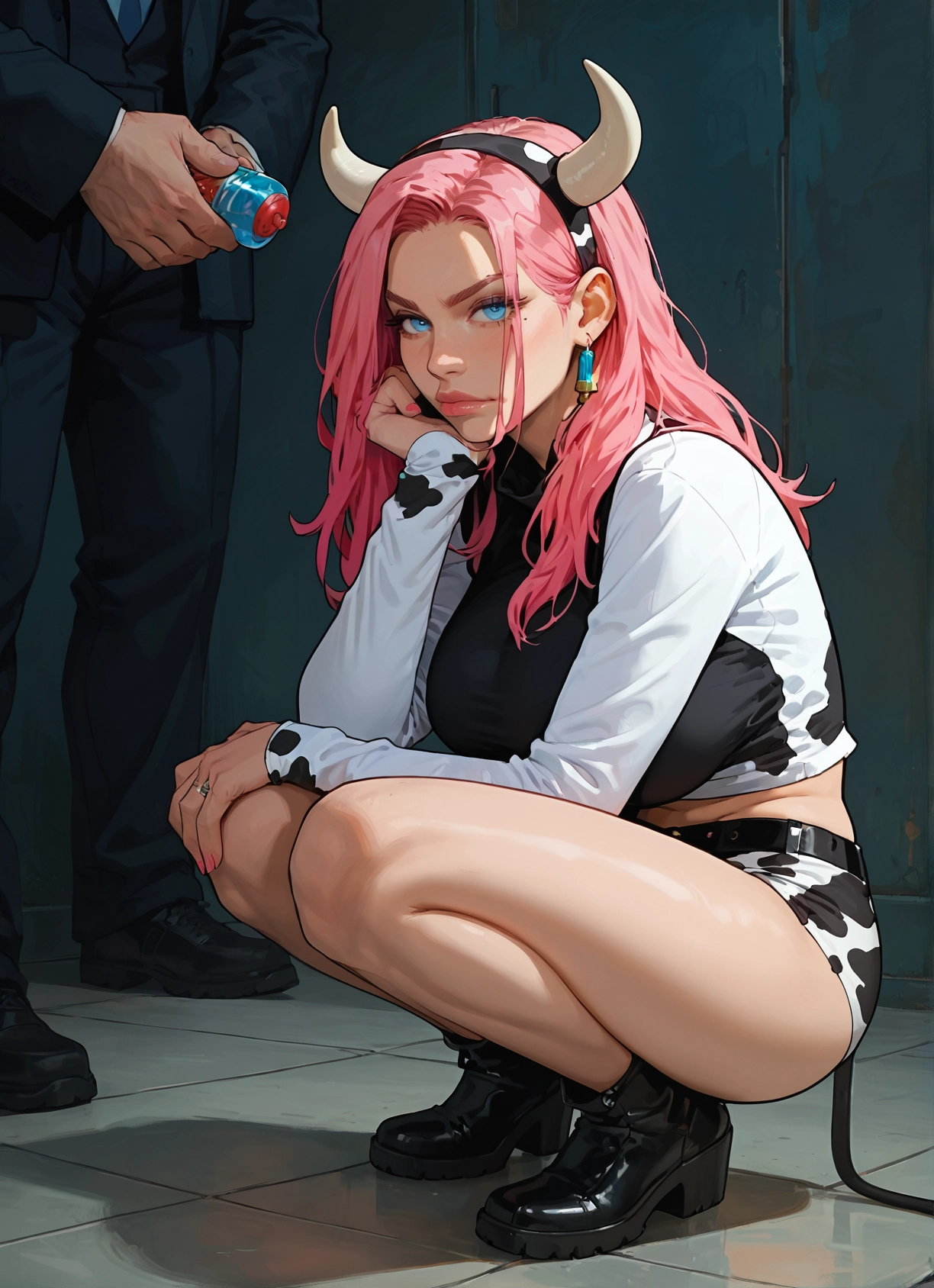 1girl, pink hair, horns, animal print, squatting, jewelry · Yamete.gg