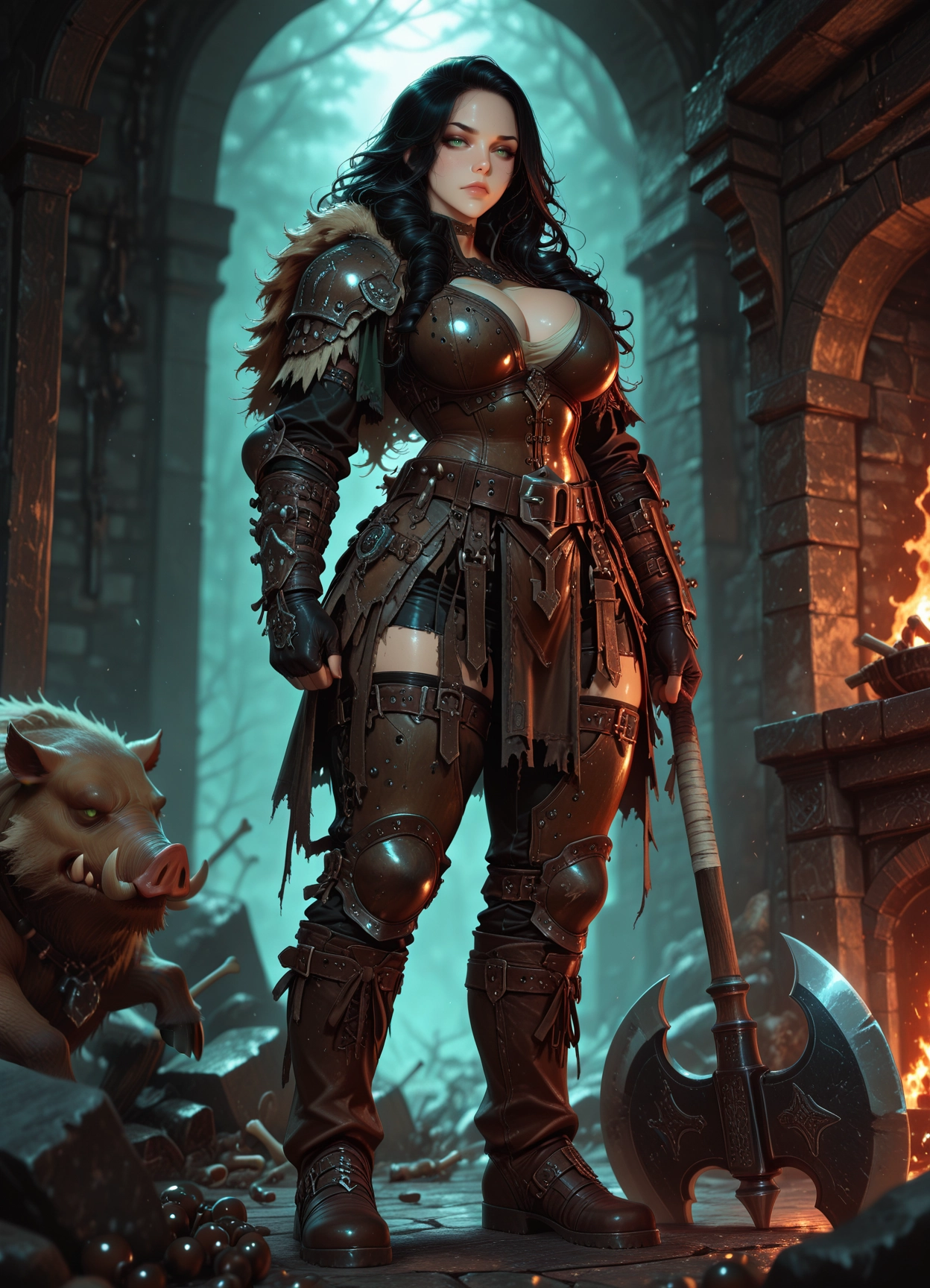1girl, axe, breasts, black hair, boots, cleavage