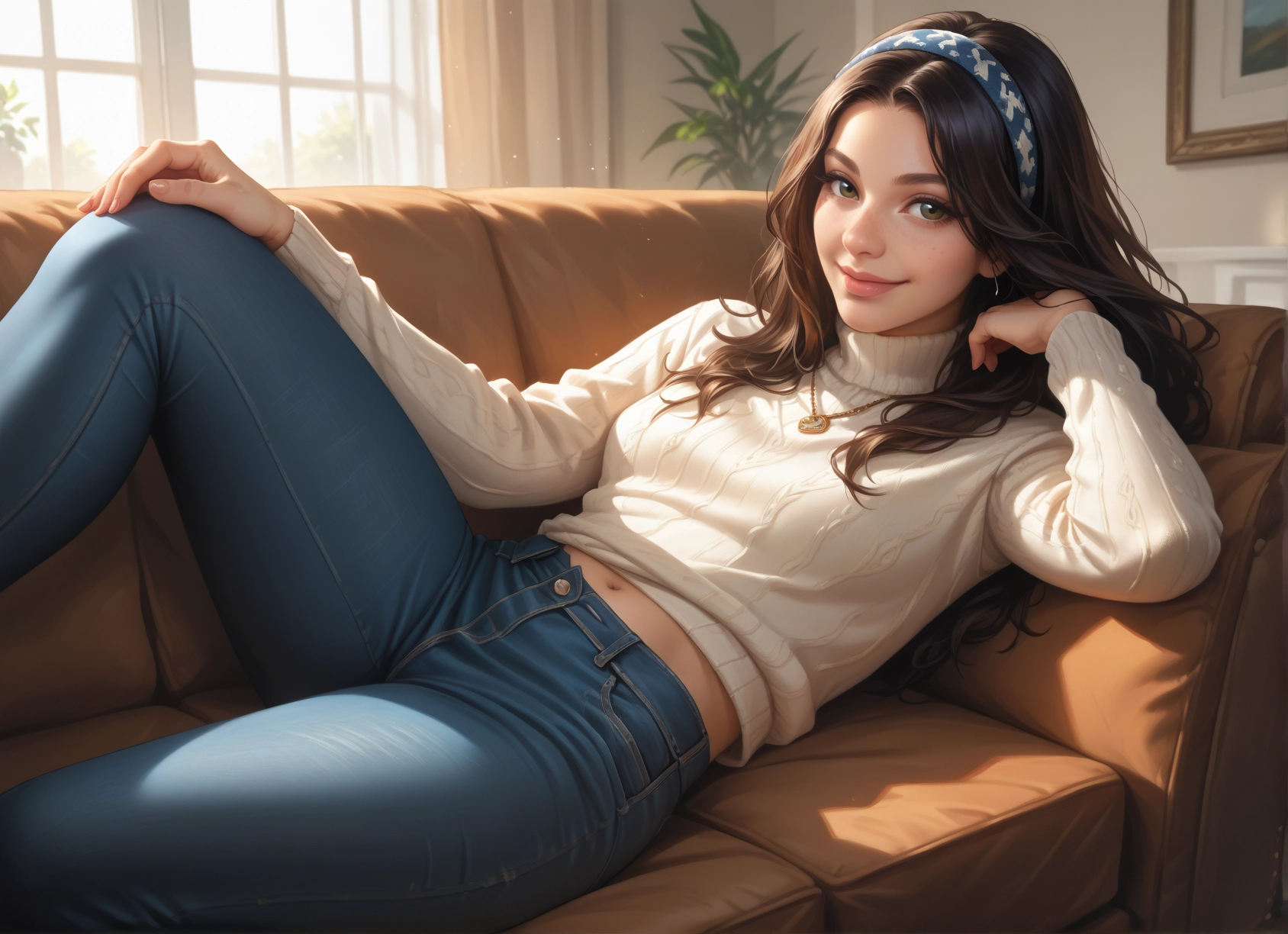 1girl, solo, pants, sweater, navel, denim · Yamete.gg