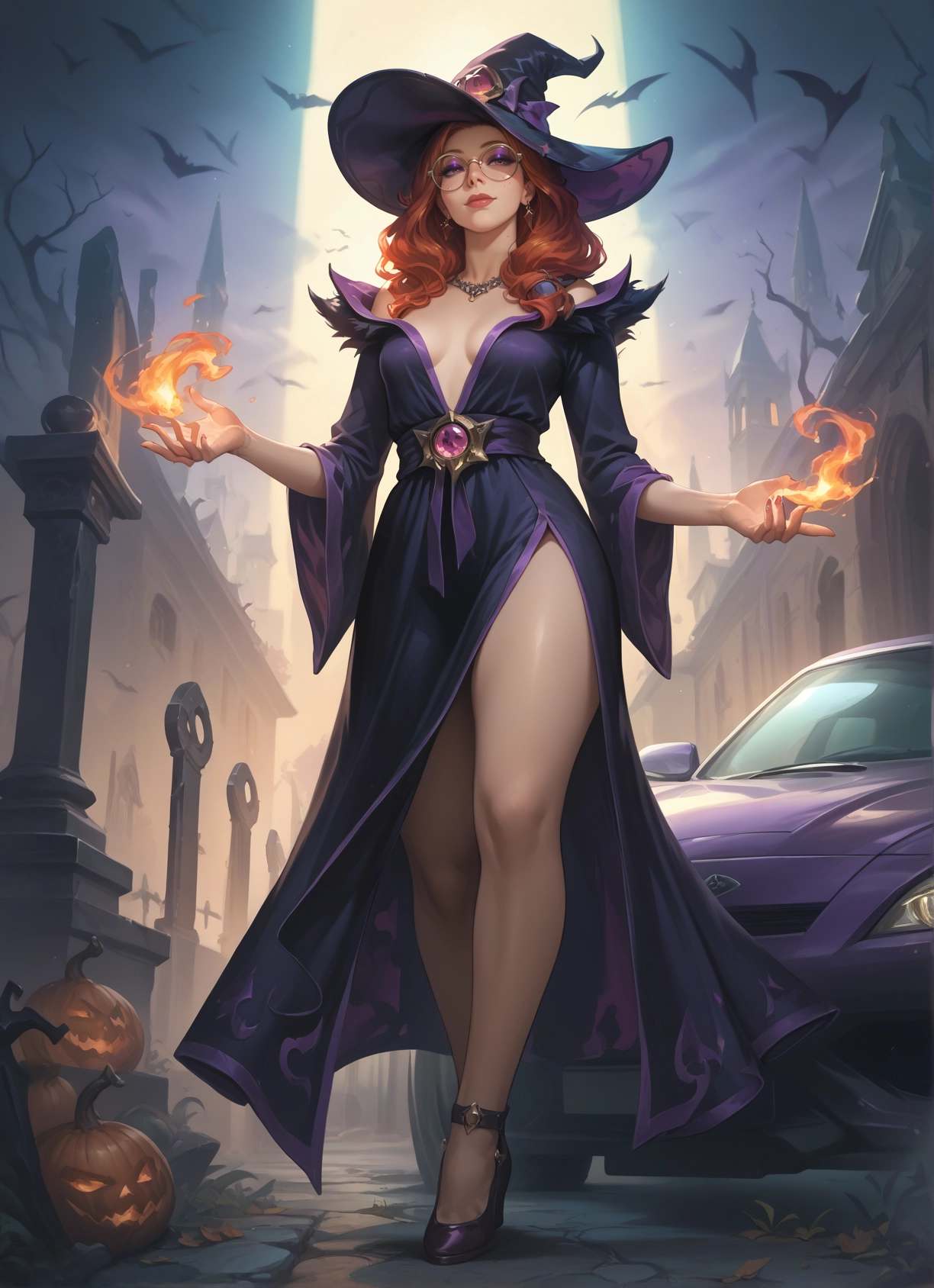 1girl, hat, witch hat, breasts, ground vehicle, motor vehicle · Yamete.gg