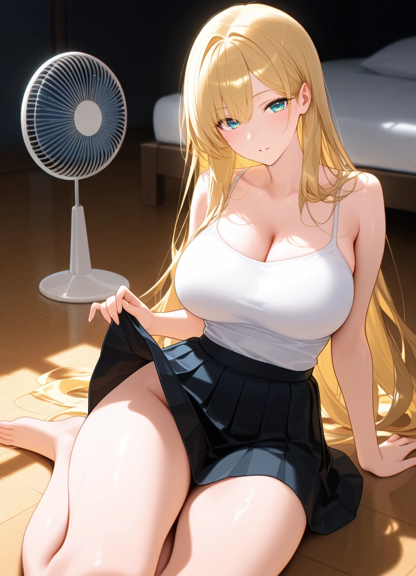1girl, skirt, breasts, electric fan, solo, blonde hair · Yamete.gg